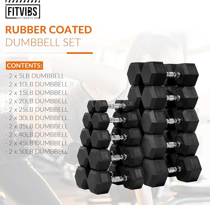 Fitvids Rubber Encased Hex Dumbbell Set Contoured Handle for Muscle Toning, Strength Building & Full Body Workout, 60LB, 100LB, 150LB and 550LB Set