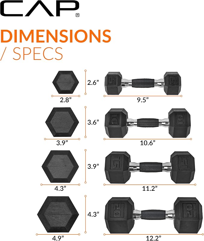 CAP Rubber Coated Hex Dumbbell Set with Storage Rack | 100–210 lb Options, Space-Saving Vertical Compact Storage for Home Gym Strength Training