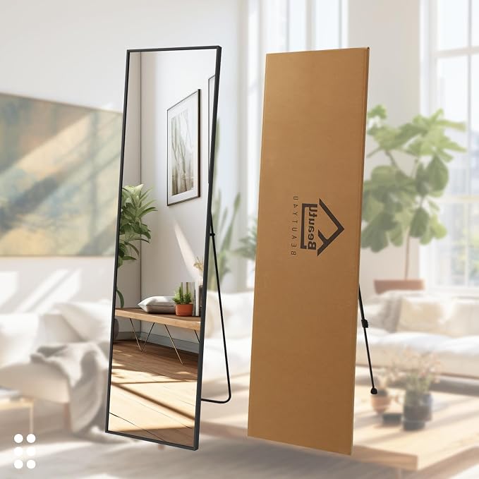 Beauty4U 59" x 16" Full Length Mirror with Stand, Black Floor Mirror | Standing, Leaning, or Wall-Mounted Tempered Glass Full Body Mirror with Metal Frame for Bedroom, Closet, Modern Home Decor