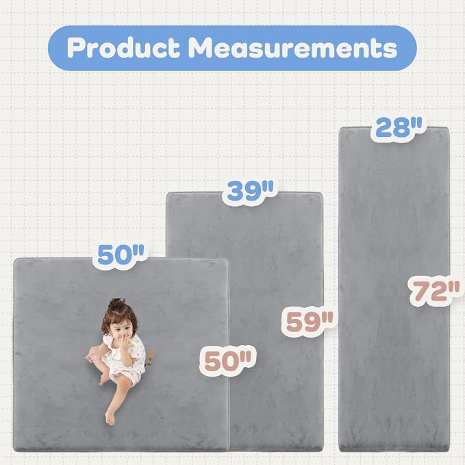 1.3" Thick Baby Floor Play Mat 50x50 Padded Foam Mat, Light Grey | Memory Mat for Baby to Play on Floor Waterproof Easy Care with Non-Slip Tummy Time Play Mat for Nursery Playroom Classroom