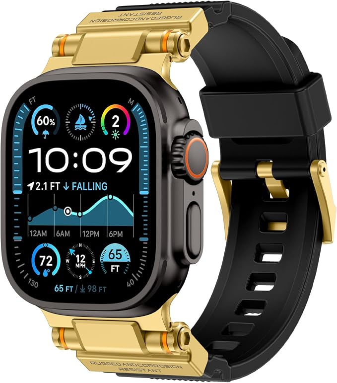 Band Compatible with Apple Watch Ultra 3/2/1 Band 49/46/45/44mm | Metal Connector with Silicone Rugged Strap for iWatch Ultra Series 11/10/9/8/7/6/SE3/SE2/SE/5/4/3/2/1, Gold Black