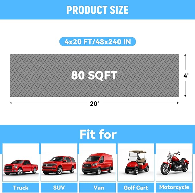 4x20 FT Garage Floor Mat, 2.8mm Thickened Diamond Plate | PVC Flooring Roll for Under Car/Golf Cart/Motorcycle, Garage Mat for Warehouse/Basement/Gyms/Trailer, Tapes Included, Gray