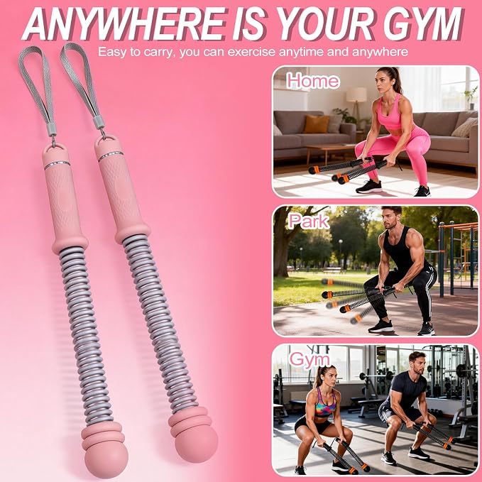 Upgrade Portable Ropeless Battle Ropes - Adjustable Weights Cordless Battle Ropes for Home Gym with Training Poster - Battle Rope Sticks Exercise Equipment for Low-Impact Workout, HIIT & Cardio - Pink