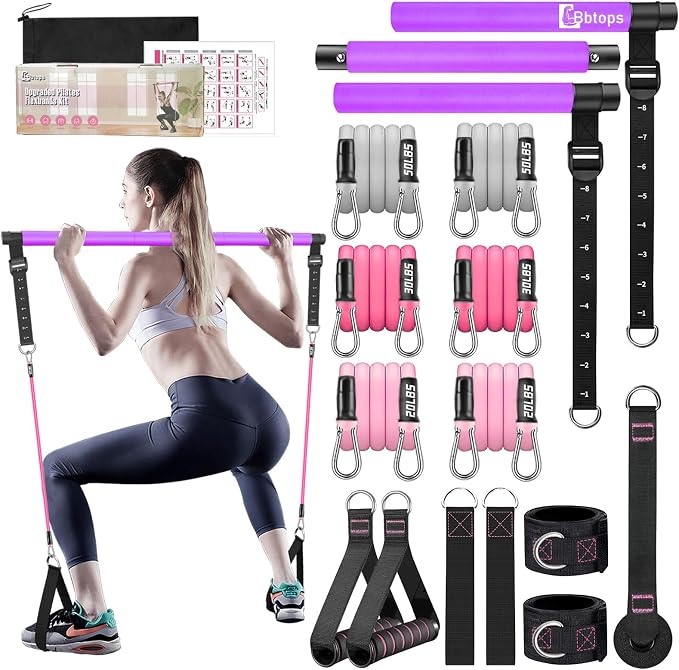 Bbtops Pilates Bar Kit with Resistance Bands,Pilates Bar with Stackable Bands Workout Equipment for Legs,Hip,Waist and Arm,Exercise Fitness Equipment for Women & Men Home Gym Yoga Pilates