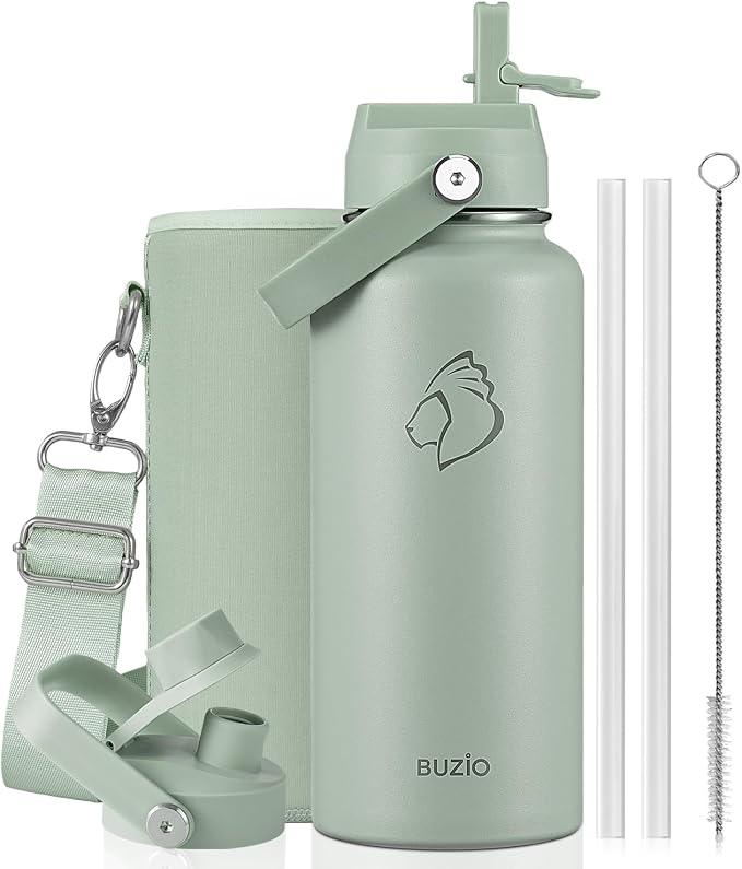 BUZIO Insulated Stainless Steel Water Bottle 32 oz with Straw & Spout Lids | Triple Wall Insulated Tumbler (Dishwasher Safe) ,Cold for 48 Hrs/Hot for 24 Hrs, Leakproof, BPA-free, for Sports, Gym, School
