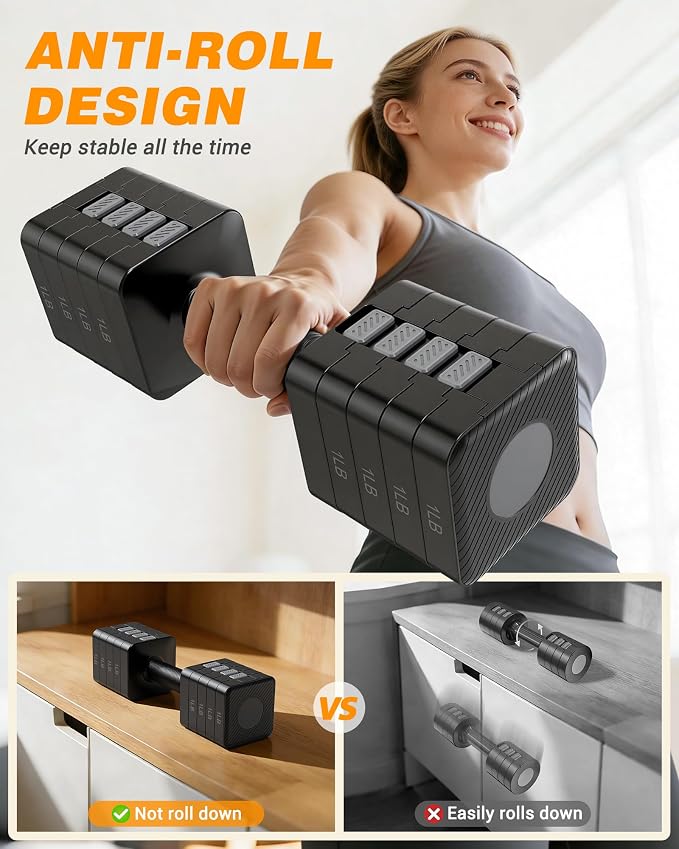 Rendpas Adjustable Dumbbell Set of 2, 10lb & 22lb Pairs (5lb/11lb Each) | Anti-Slip No-Roll Handle Weights, Bench Combo Option for Home Gym, Pilates & Strength Training