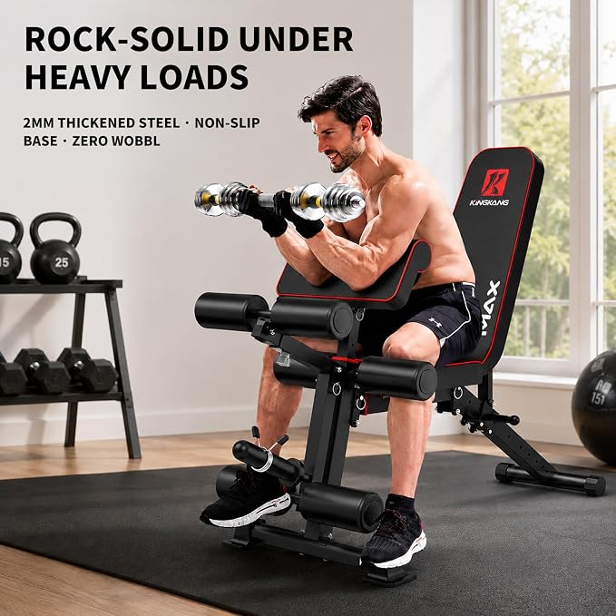 K KiNGKANG Foldable Weight Bench with Leg Curl, 1200 LBS Heavy Duty Workout Bench, 4-Level Adjustable Distance for All Heights, Multi-Position Incline Decline Exercise Bench with Dumbbell Rack for Home Gym