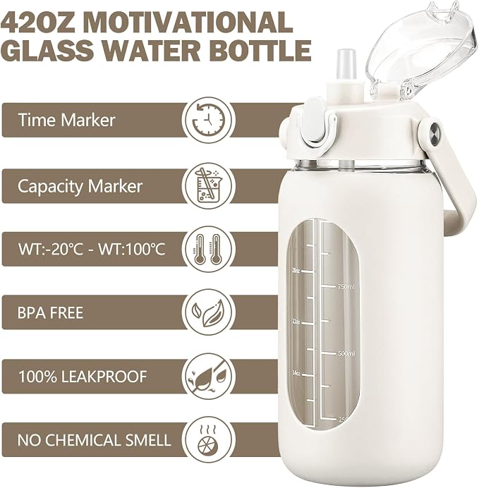 42oz Glass Water Bottles with Straw, Motivational Glass Bottle with Silicone Sleeve and Time Marker, Leakproof Large Glass Water Jug for Gym Home Office,White