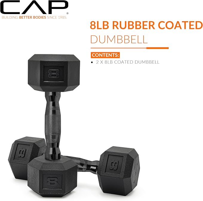 CAP Rubber Coated Dumbbell Weights, Free Weights for Home Gym Strength Training, Anti-Roll Hex Dumbbells with Black, Chrome & Comfort Grip Handles, Pairs & Sets