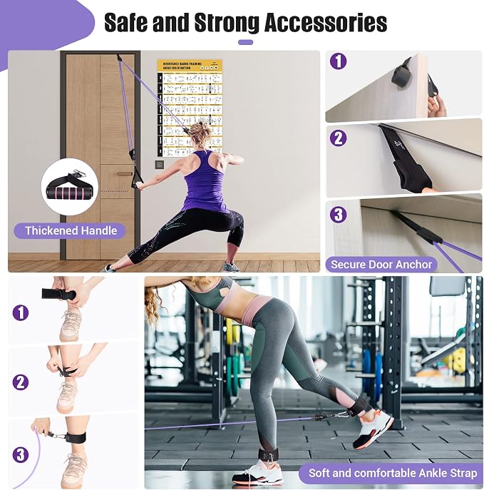 Resistance Bands with Handles for Women, 5 Level Exercise Bands | Workout Bands for Physical Therapy, Yoga, Pilates, Door Anchor, Storage Pouch, Training Poster