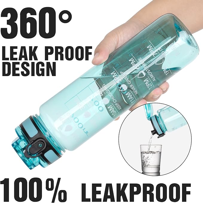 OLDLEY Water Bottle, 32oz Motivational Sports Water Bottle with Time Marker - Times to Drink - Tritan, BPA Free, Wide Mouth Leakproof,Surfer