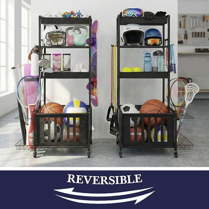 Faesun Sports Equipment Organizer, Ball Storage Rack for Garage, 4-Tier Indoor/Outdoor Rolling Ball Carts with Wheels for Toy Sports Gear Storage, Black