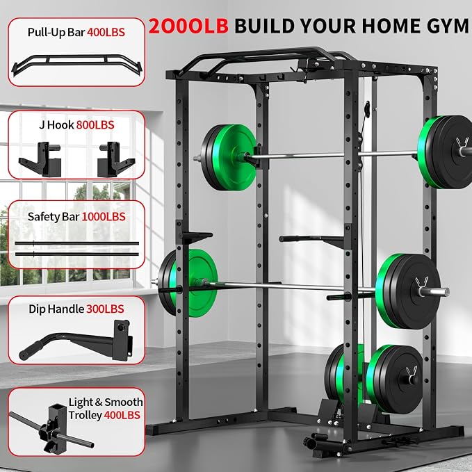 JEEKEE Power Rack with LAT Pulldown, 2000LBS Power Cage with Cable System, Multi-Function Squat Rack with J-Hooks, Safety Bars, Landmine, Pull Up Bar & Attachments for Home Gym Strength Training,Black