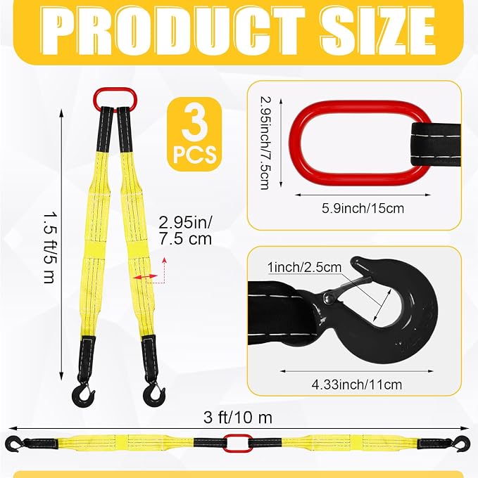 3 Pack Lifting Slings Straps with Hooks Web Slings Capacity Polyester Bridle Sling Heavy Duty Two Leg Lifting Straps for Engines Cranes Hoists Truck (3.3ft,Yellow)