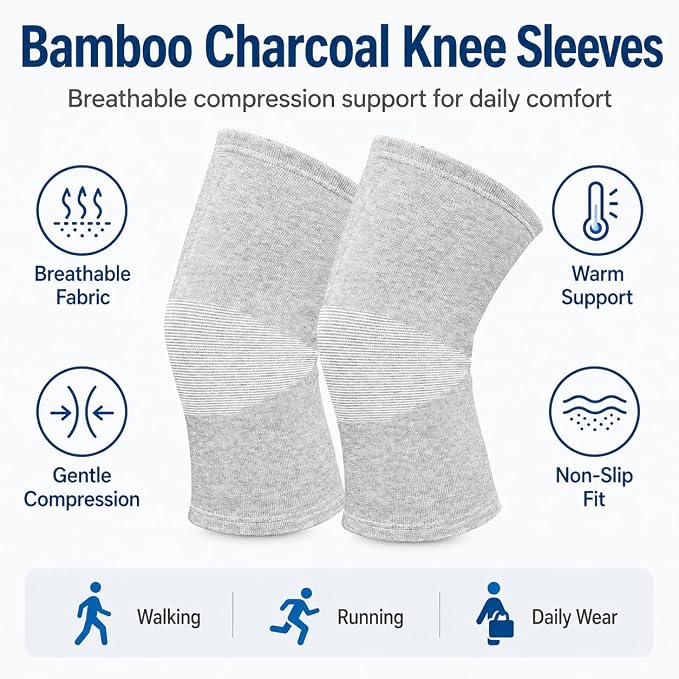 1 Pairs Compress Bamboo Knee Sleeves, Elastic Warm Knee Brace for Joint Support, Running, Walking, Sports, Men and Women