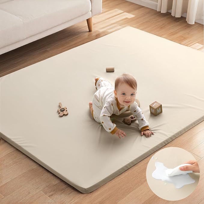 Blissful Diary Vegan Leather Baby Play Mat, 71''x59'', Beige | thick cushion, safe and soft fabric, waterproof and wip clean, indoor use, non-slip bottom, stylish mordern decor