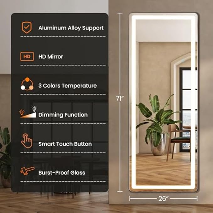 NEWBULIG 71"x26" LED Full Length Mirror, Full Body Standing Mirror, White | Leaning or Standing, Tempered Glass, Aluminum Alloy Thin Frame Floor Stand for Bedroom, Cloakroom
