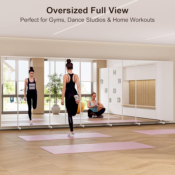 brisafe 71"x67" Folding Mirror with Wheels, 3-Panel Full Length Standing Mirror, Space-Saving, Shatterproof Nano Material, Portable Floor Mirror for Gym, Dance Studio, Home, Commercial Use, White
