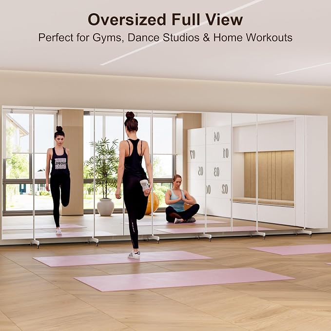 brisafe 67"x55" Folding Mirror with Wheels, 3-Panel Full Length Standing Mirror, Space-Saving, Shatterproof Nano Material, Portable Floor Mirror for Gym, Dance Studio, Home, Commercial Use, Black