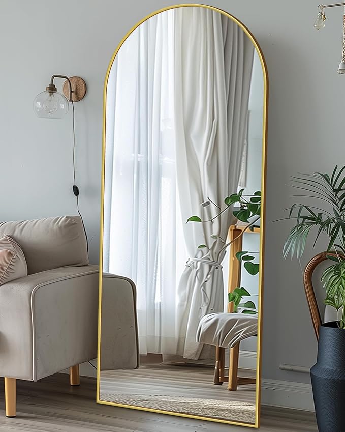 Antok Full Length Mirror, 58"x18" Floor Mirror with Stand, Hanging Mounted Mirrors for Bedroom, Living Room, Cloakroom, Dining Room, Gold, Arched