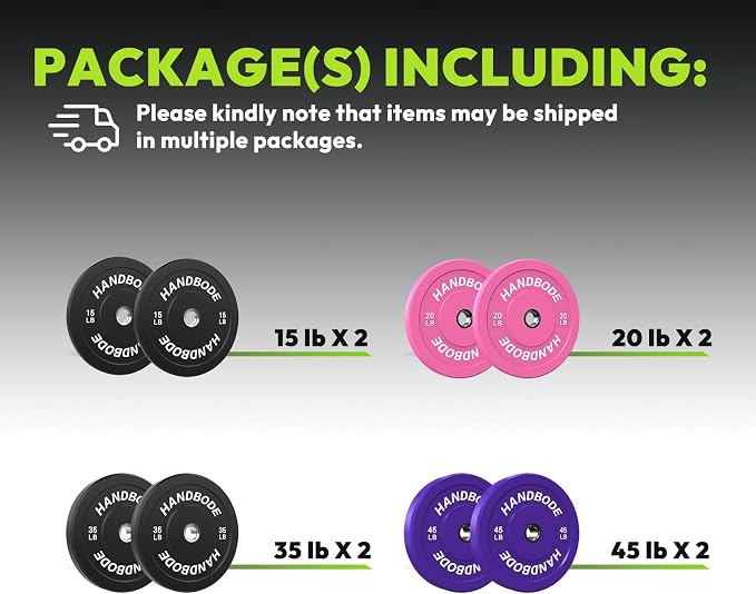 HANDBODE 2-Inch Weight Plates High Bounce, Olympic Bumper Plate Set 45/100/160/190/260/300lb, Colored Weight Plates Set for Home Gym, Barbell Weights Rubber Strength Training Plate for Weight Lifting