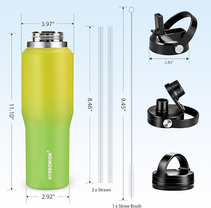 40 oz Insulated Water Bottle with Straw fit in Car Cup Holder(Cold 48 hrs, Hot 24 hrs) Drinking Bottle with Straw Lid, Spout Lid and Flex Cap Leakproof Travel Thermo Mug，Yellow - Green