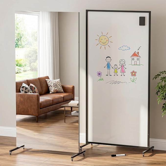 75"X32" Rolling Full Length Mirror & Magnetic Whiteboard, 2-in-1 Reversible Standing Mirror with Shatterproof Tempered Glass, Space-Saving Dry Erase Board on Wheels for Home Office & Bedroom