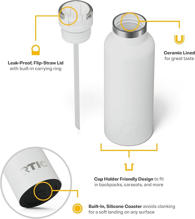 RTIC 16oz Journey Water Bottle, Ceramic Lined, White | Stainless Steel Metal, Insulated for Hot and Cold Drinks, Sports, Travel and Camping