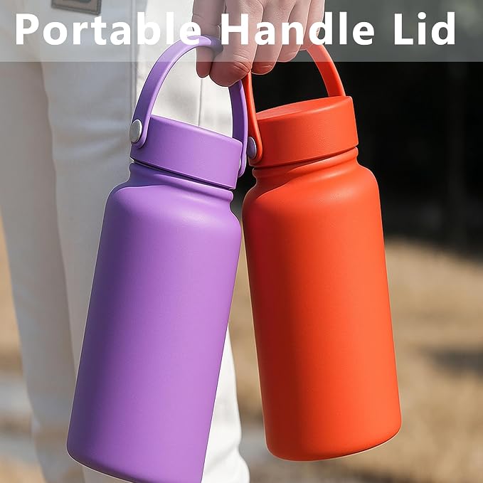 Orange Insulated 32 oz Metal Leakproof Water Bottle | Mens Stainless Steel Water Flask, Large Sports Travel Water Bottle for Gym,Hiking,1 liters Thermal Bottle with 2 Lids