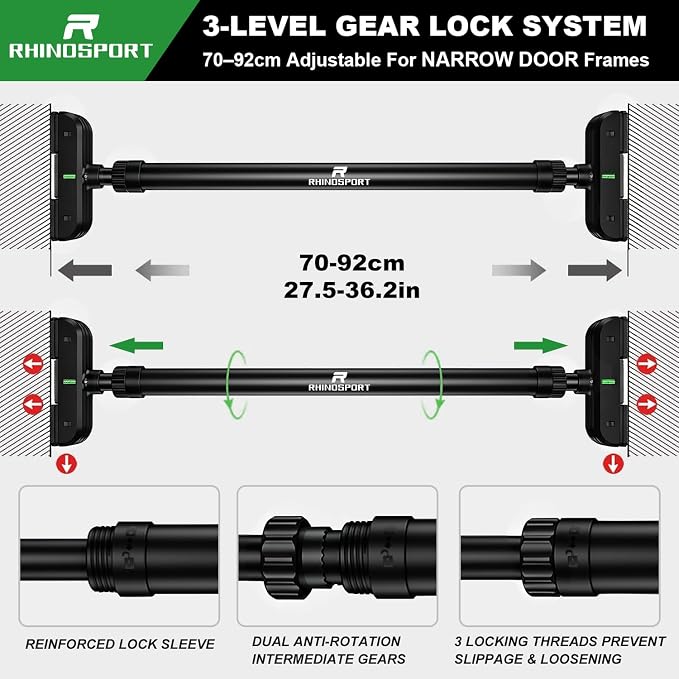 RHINOSPORT Door Pull Up Bar Doorway No-Screw from 69-92 cm (27.1in-36.2in) Workout Equipment for Home Gym Upper Body Workout Non-slip 2x EXTRA Foam Padding for Ultimate Door Frame Protection