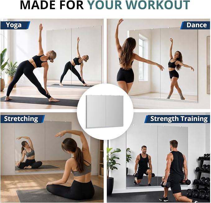Rovibek 2 Pack Home Gym Mirror, 30x48In Large Workout Mirror for Exercise | Frameless Tempered Glass, Wall-Mounted Gym Mirrors for Home Gym, Garage Gyms, Yoga Rooms and Dance Studios