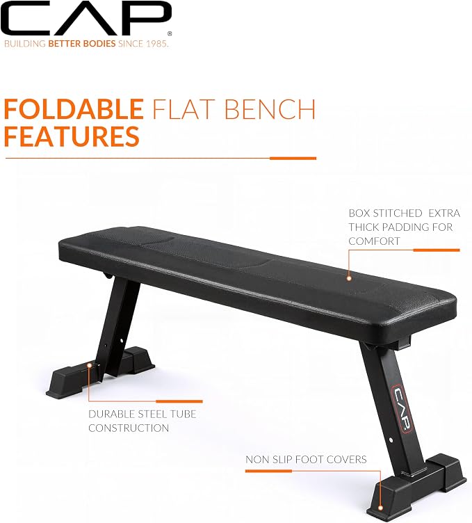CAP Barbell Foldable Flat Weight Bench | Folding Workout Bench with Steel Frame, Thick Box-Stitched Padding & 600 LB Capacity | Compact Home Gym Strength Training Bench