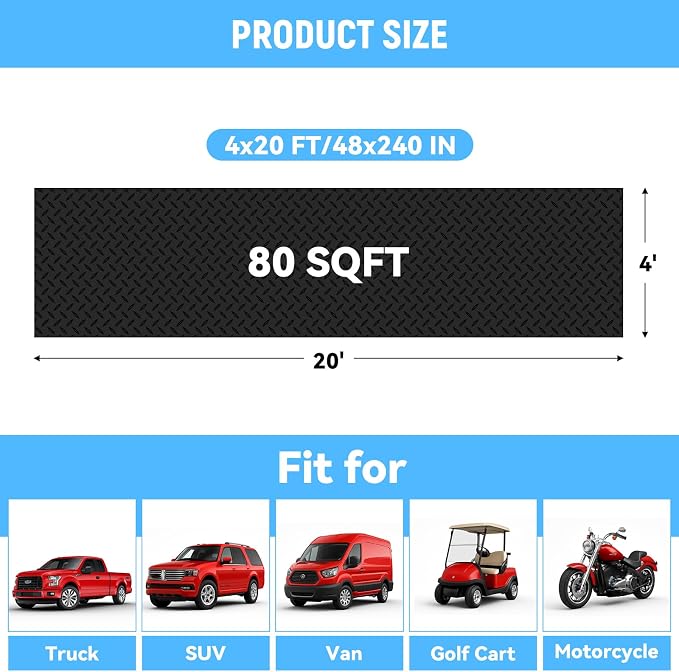 4x20 FT Garage Floor Mat, 2.8mm Thickened Diamond Plate | PVC Flooring Roll for Under Car/Golf Cart/Motorcycle, Garage Mat for Warehouse/Basement/Gyms/Trailer, Tapes Included, Black