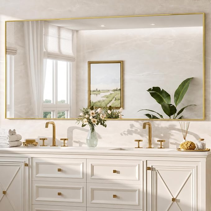 30" x 55" Gold Wall Mirror for Bathroom, 55" x 30" Full Length Accent Mirror, Metal Framed Vertical Decor for Bedroom & Double Vanity