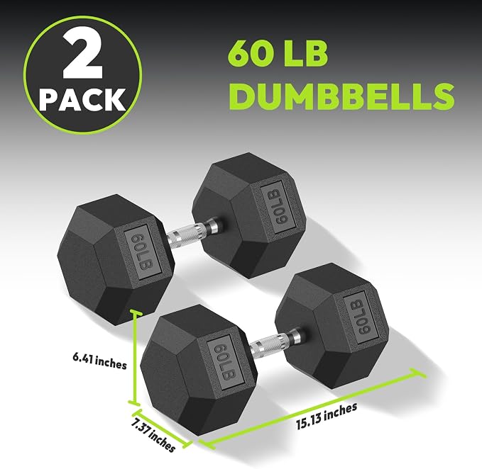 HANDBODE Rubber Encased Hex Dumbbell Pair, 2.5-65 lb | Non-Slip Handle Design for Secure & Comfortable Grip, Hand Weights for Strength Training, Fitness & Home Gym