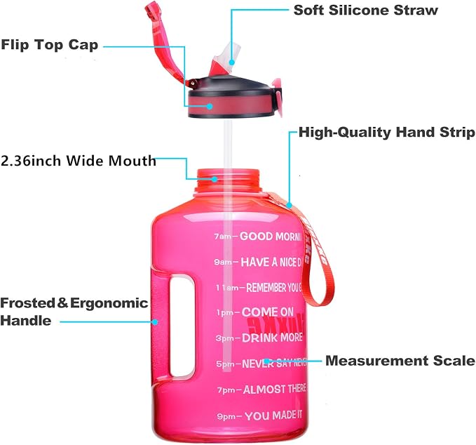 SLUXKE 1 Gallon Motivational Sports Water Bottle with Time Marker, BPA Free 128oz Leak Proof Jug, Black, Plastic, 128 ounces, Fitness, Sports, Outdoor Activities