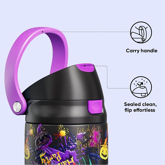 Encool SwiftSip Insulated Stainless Steel Water Bottle with Straw - Leak Proof Sports Water Bottle for School, Travel, Keeps Cold All Day, One-Touch Flip Lid, BPA-Free, 24 oz, Ghost Party