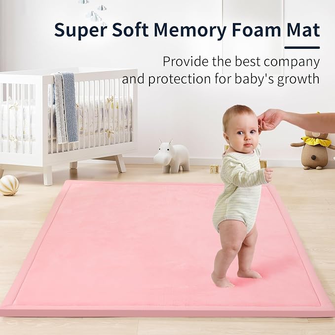 ACOMOPACK 1.3" Thick Baby Play Mat for Floor,50x50 Elasti-Foam Playpen Mat for Kids,Infants,Toddlers, Ultra Soft Crawling Mat with Non-Slip Bottom,Tummy Time,Nursery Rug,Yoga,Tatami（Pink）
