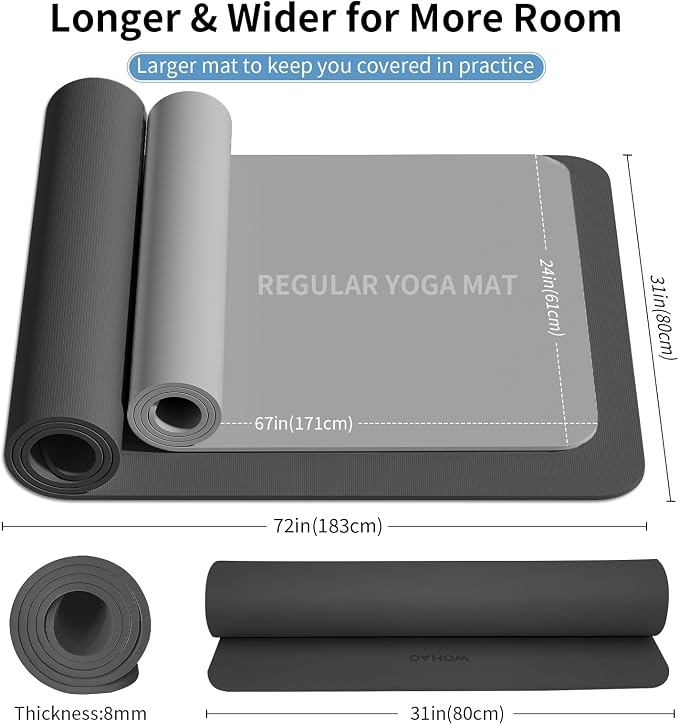 Extra Wide & Thick 8mm Yoga Mat, 72"x31.5" | Large Non Slip Exercise Mat, Premium POE Material, Superior Cushioning & Stability, With Strap for Home Gym, Pilates