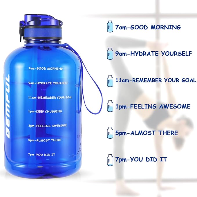 GEMFUL 3L Water Bottle with Straw & Handle BPA-Free Gym Jug (Royal Blue) | Leak-proof, 100oz Large Capacity, Time Marker Tracks Daily Intake, Wide Mouth, for Hiking, Office, Sport, Fitness