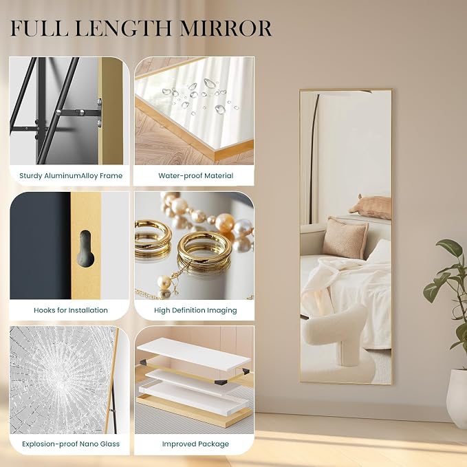 DUMOS 59"x16" Full Length Mirror, Full Body Mirror, Gold | Aluminum Alloy Thin Frame, Leaning or Hanging, Suitable for Bedroom, Livingroom, Cloakroom