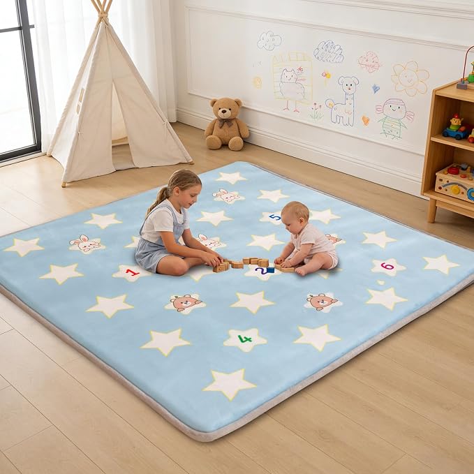 Baby Play Mat for Floor, 71'' x 59'' Thicken Foam Soft Padded Playmat for Tummy Time, Playpen Mat for Toddlers Infant Kids, Water-Repellent Coral Velvet, Non-Slip Bottom Safe for Crawling (Star)