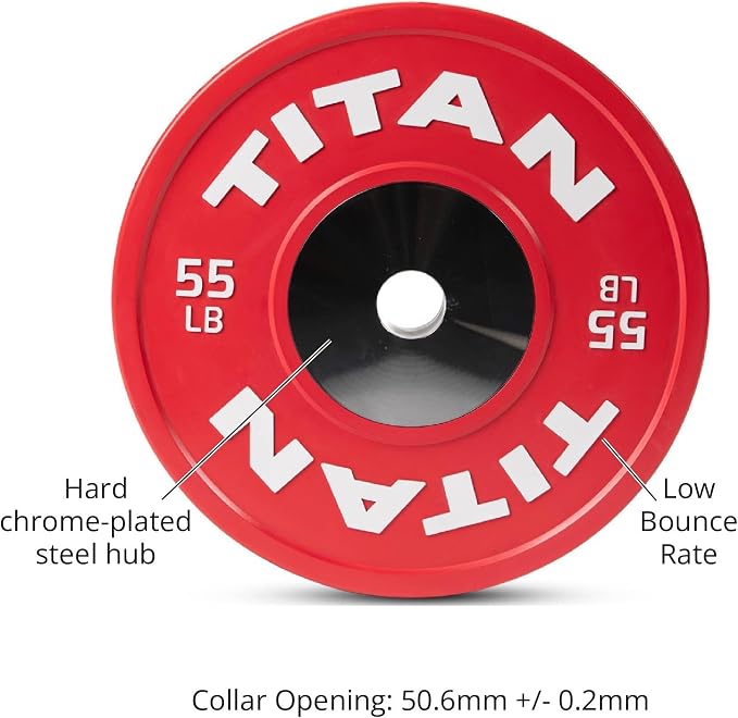 Titan Fitness Elite Olympic Bumper Plates, Competition Weight Plates, Rubber with Steel Hub Insert, Sold as a Pair, for Olympic Weightlifting and Cross-Training Workouts