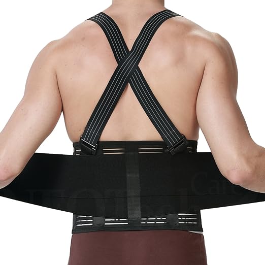 NeoTech Care Back Brace with Suspenders for Work - Industrial Lifting Safety, Elastic Compression, Hook & Loop Closure (Black, Size S)
