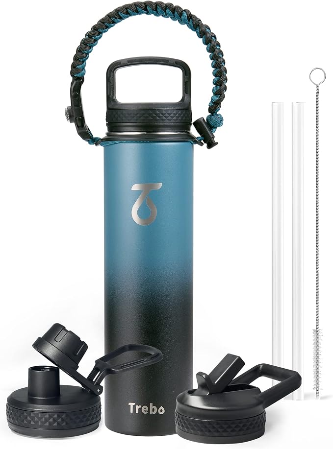 Trebo Insulated Water Bottle 24 oz with 3 Lids, Paracord Handle | Stainless Steel Metal Flask Vacuum, Triple Wall Copper Plated, Dishwasher Safe, Cold 48Hrs for Hiking, Fits in Car Holder
