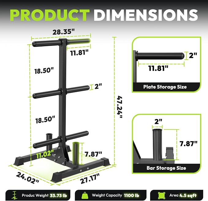 HANDBODE Weight Plate Rack with Barbell Storage, 1100 lbs Capacity | 6-Peg Vertical Holder for 1- or 2-Inch Plates, Heavy-Duty Organizer for Home Gym