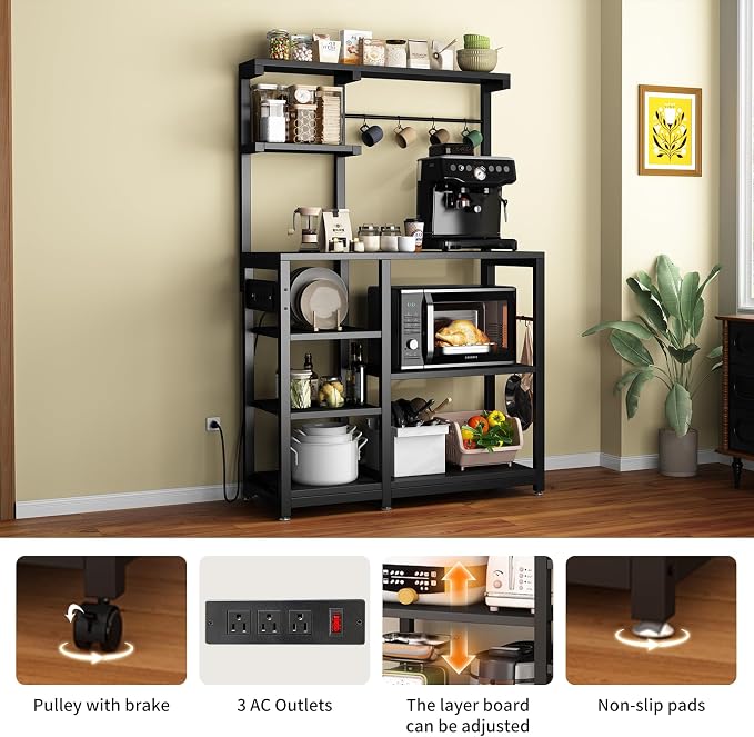 Bakers Rack with Power Outlet, 8-Tier Microwave Cart, Coffee Bar w/ 6 Hooks | 8-Tier Bakers Rack with Power Outlet, Coffee Bar Station & Microwave Cart, Metal Kitchen Storage Shelf with Wheels