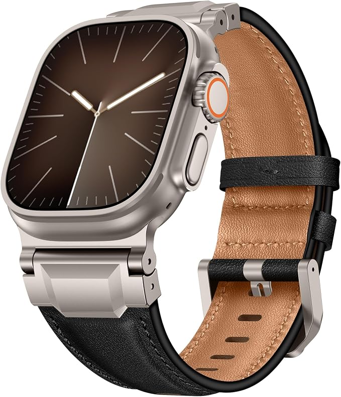 Bands Compatible with Apple Watch Ultra 3/2/1 Band 49/46/45/44mm | Genuine Leather Metal Connector Strap for iWatch Ultra Series 11/10/9/8/7/SE/6/5/4/3/2/1, Black/Titanium