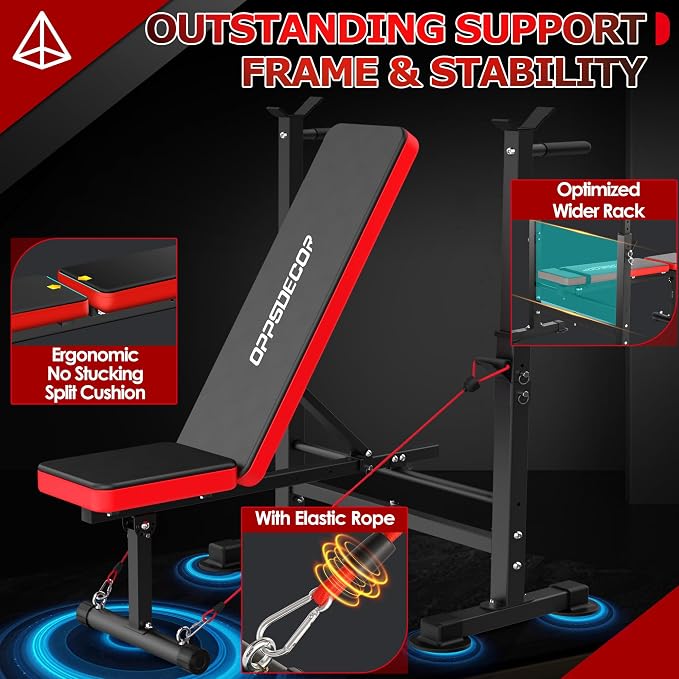 OPPSDECOR 900LBS Weight Bench Set Adjustable Workout Bench for Home Gym | Bench Press, Incline Press, Squat Rack, Leg Developer, Preacher Curl Pad, Fits 6-7ft Barbells, 2-Second Fold, 38-in Rear Rack