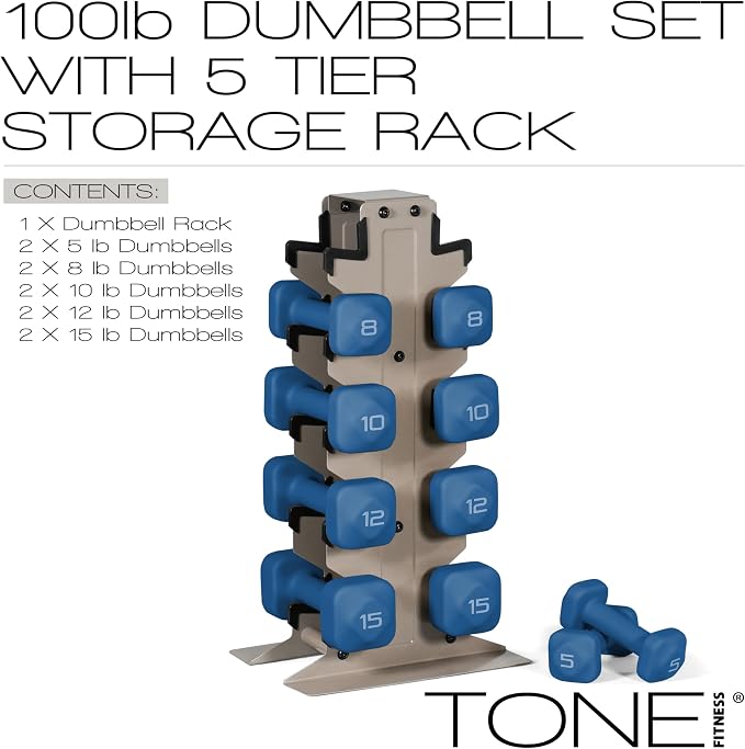 Tone Fitness Neoprene Dumbbell Set with Storage Rack – Non-Slip, Anti-Roll Hand Weights for Home Gym Workouts | 20 lb, 32 lb, 50 lb, 60 lb & 100 lb Options